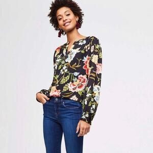Loft Floral Long Sleeve Top Small Black Keyhole Spring Blouse